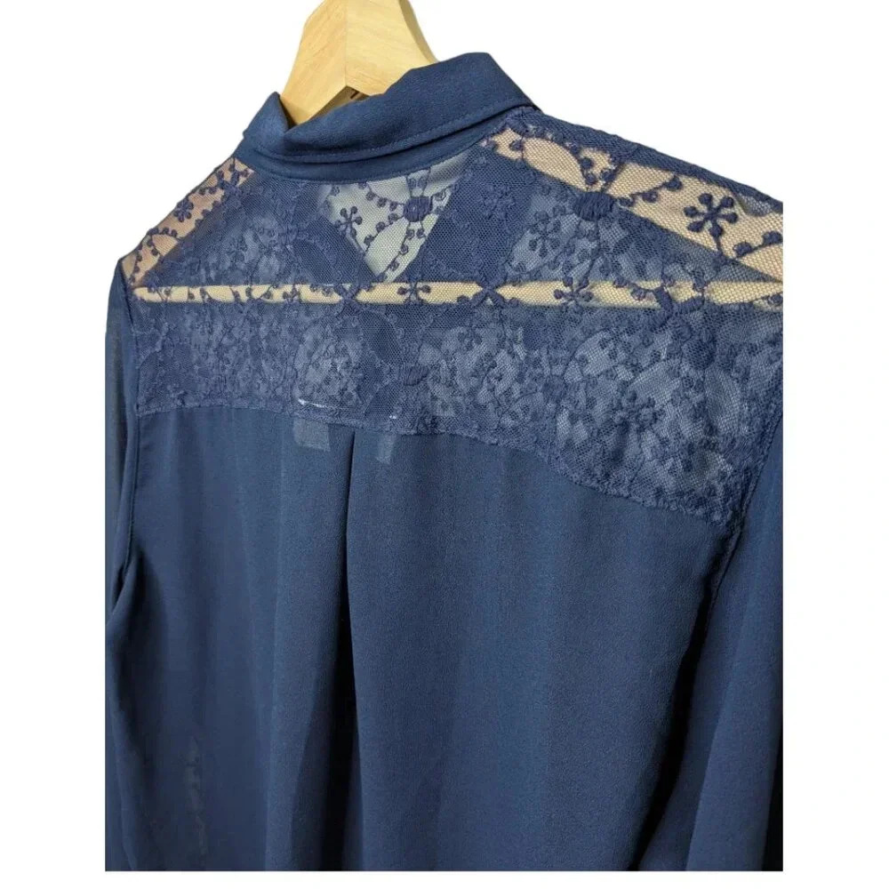 Abercrombie & Fitch Womens Navy Blue Sheer Lace Button Up Shirt Blouse Size M - Picture 9 of 15
